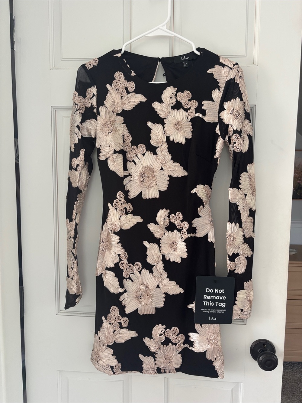 Lulu's Black Long-Sleeve Mini Dress with Blush Floral Appliqué